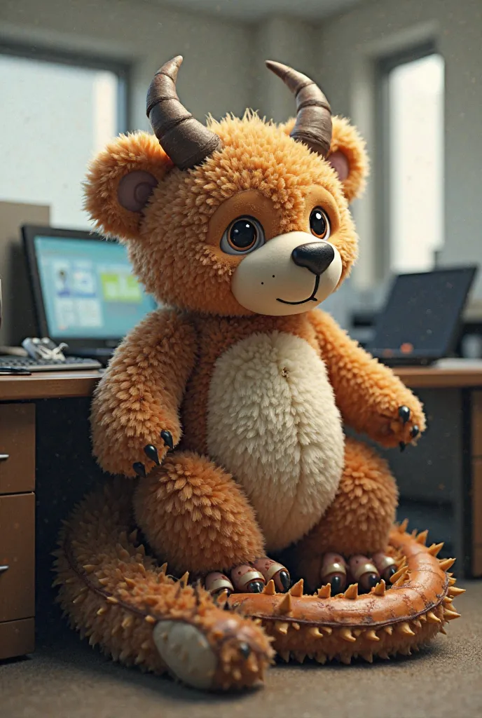 A cuddly little bear who is actually a ferocious dragon in an office