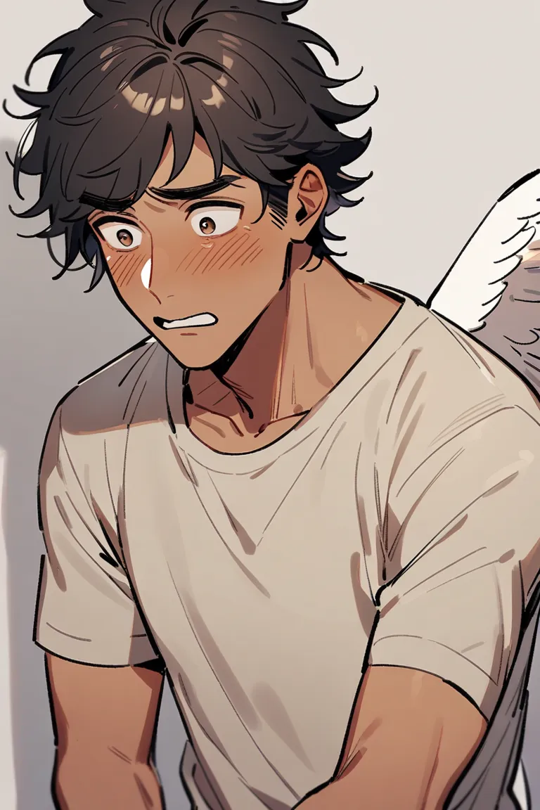 (1man) (male focus) disheveled italian man, warm olive tan, italian black hair, short men's haircut messy sexy, bangs, flustered, charming, brown eyes, T-shirt, masculine, handsome, concerned, masculine man, upper body, angel wings