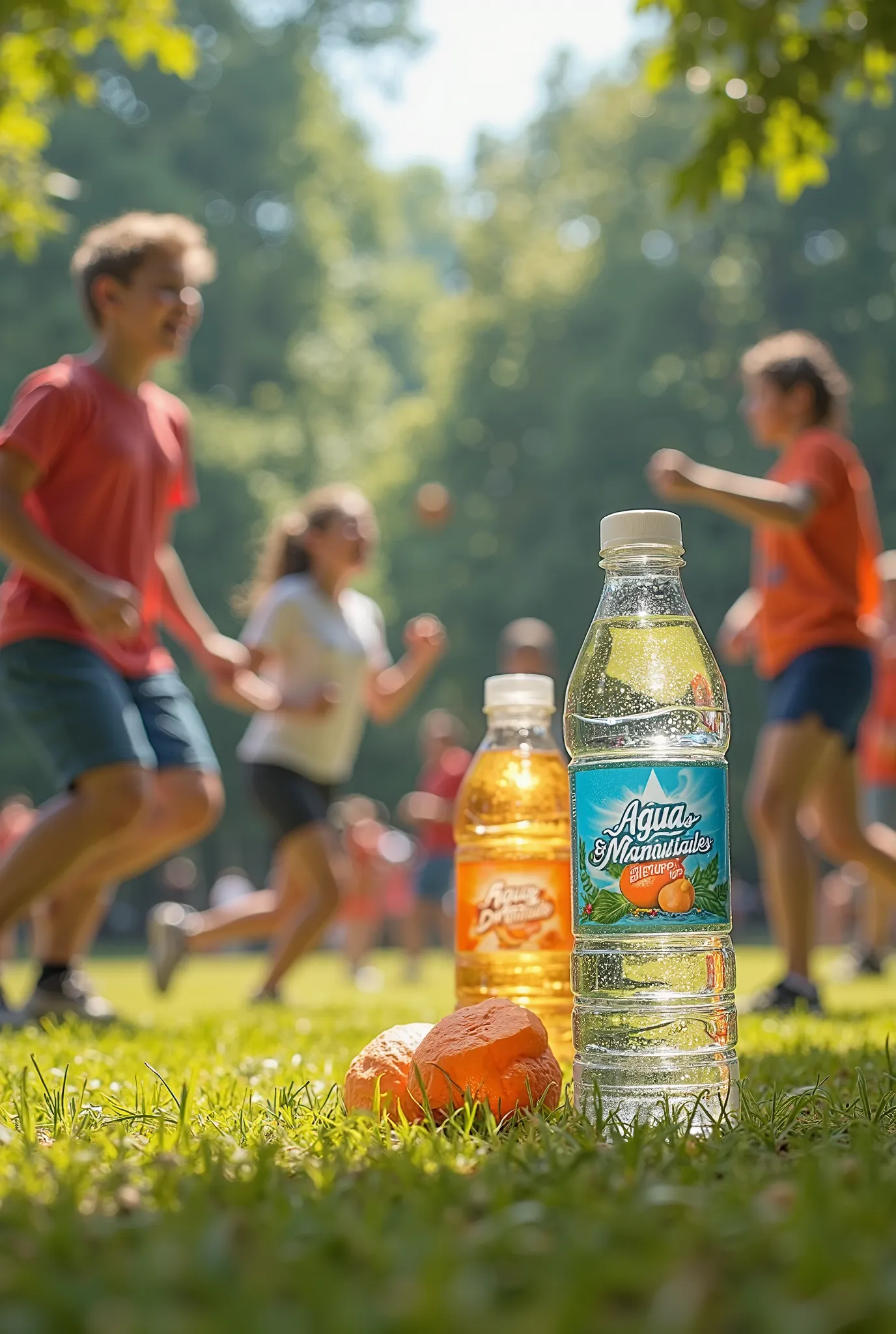 Close-up: young people playing sports and drinking water from a bottle that says Aguas Manantiales in a park, In the upper margin the phrase Aguas Manantiales, 