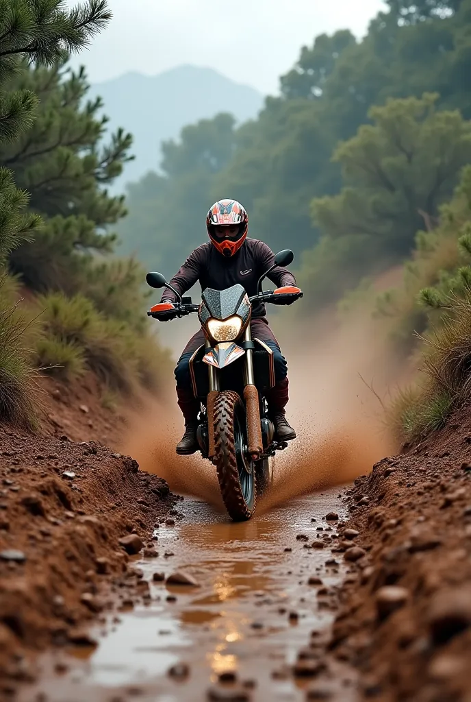 Create a motorcycle video on a mud road on a trail 