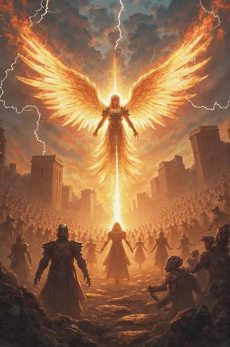 In the heart of a battle epic between good and evil, an army of glowing angels rises against the dark forces of demons. the angels, with their majestic wings that shine like stars, they wear ornate armor that reflect sunlight. Each one wields a flaming swo...