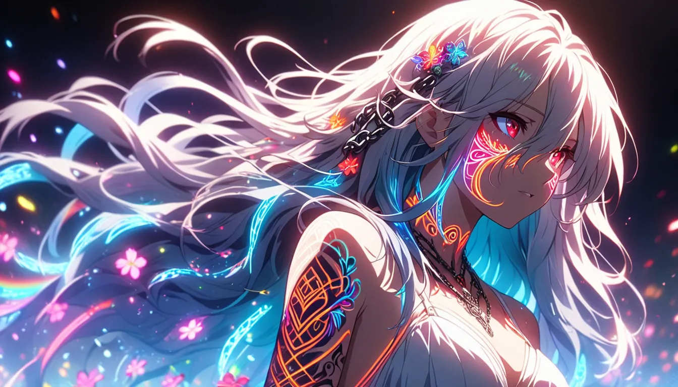 Anime screenshot, artistic illustration of a female anime character decorated with glowing neon flowers and chain tattoos all over her face and body. The arm tattoo is mixed with white and red light, rainbow and white light, emitting neon light. With hair ...