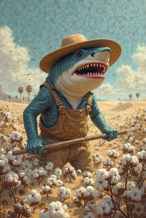 Create a picture of a shark, Who works in the desert on a cotton plantation