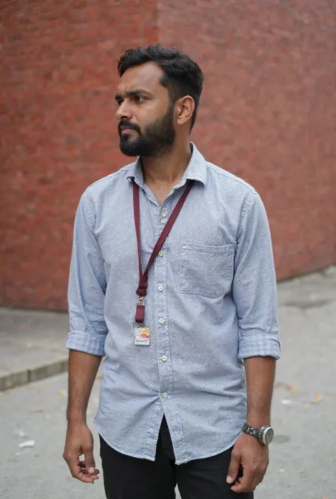 A man, likely 30-40 years old, of South Asian ethnicity, standing outdoors on a paved surface in front of a red brick wall.  He's wearing a light blue, casual, button-down, checked shirt, with a dark red lanyard and an ID badge attached. The shirt has a cl...