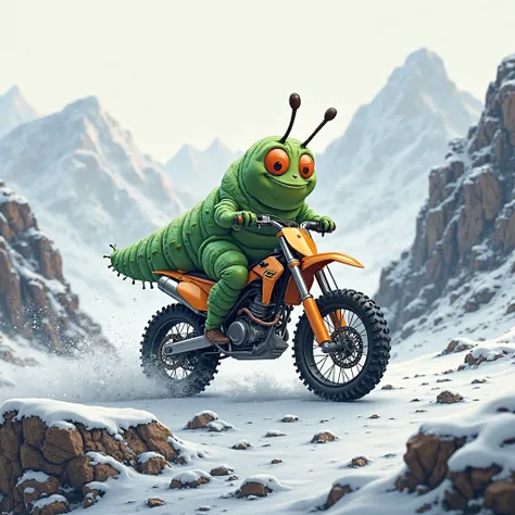 Caterpillar on an Enduro motorcycle, Mountains, winter,  realistically 