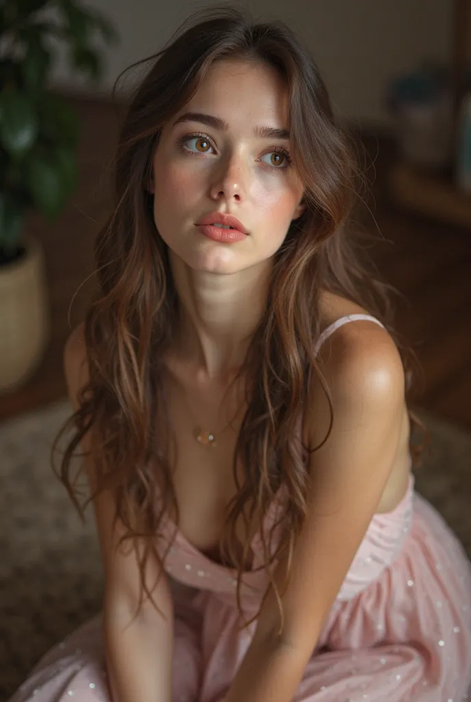  Young Woman, small, and lean body, small breasts and big ass, with diamond face shape,  brown and small eyes ,  full and rosy lips, Delicate nose though , was set up slightly crooked  (You can hardly tell),  long brown hair , look mischievous,  realistic ...