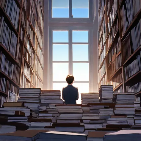 A male student in a school uniform，sitting at their desks carefully writing volumes，There is a window in front of the desk，and a blue sky outside the window，The back is like a library，are neatly arranged on bookshelves, Shushan, and a sea of books，The pers...