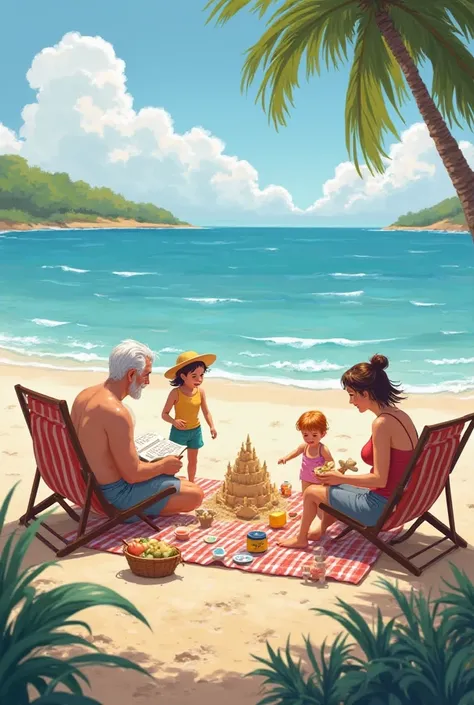 A family is having a picnic by the seaside. Some girls are building a sandcastle. A grandfather is reading on a beach chair. A father is teaching his son how to swim. A mother and a grandmother is preparing the food.