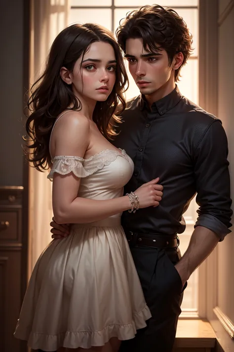 A highly detailed and realistic digital painting of two young protagonists, Sofía and Javier, from a dramatic love story. Sofía is a stunning young woman with short brown hair that softly frames her delicate features. Her deep, expressive eyes reflect long...