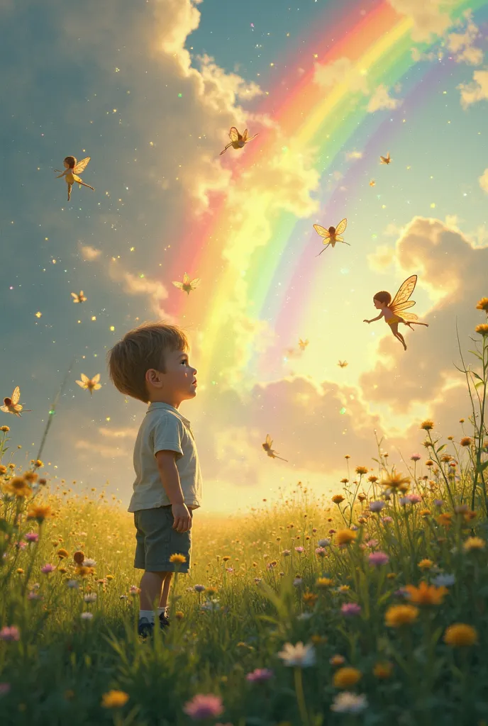 Near the field, the boy found a rainbow and there were fairies at the end of the field. 