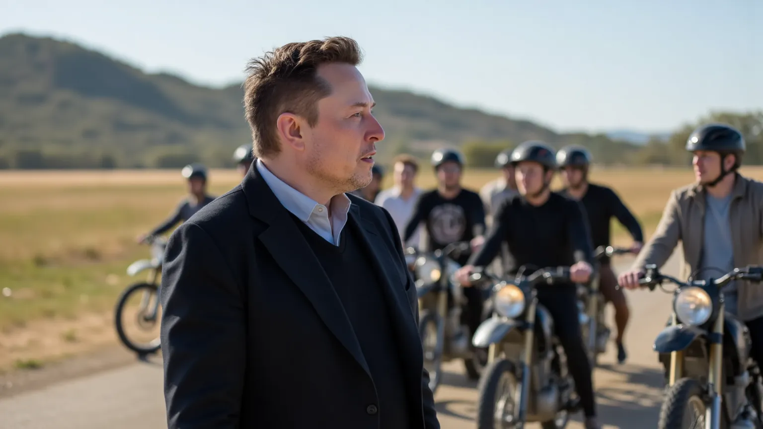 ultra realism. 4K. Better quality. Billionaire Elon Musk,  in a business suit are standing nearby, stands on his ranch. Clear sunny day. There are a bunch of vicious bikers around him, who scream aggressively at him and wave their fists.