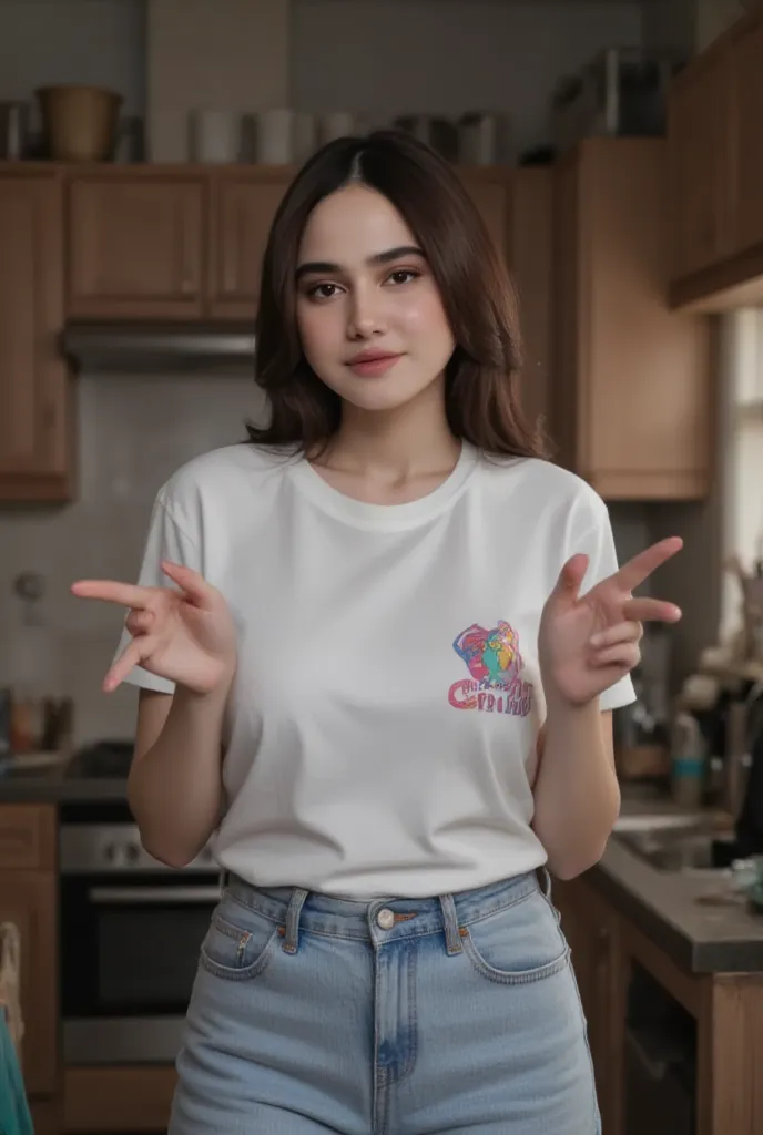 Wide angle shot. A 30-year-old Taiwanese woman weighing 60 kg. A short-sleeved T-shirt with big writing: "CM". Standing in front of the table with sweat dripping because of the hot weather. Arms touching the camera. Two-finger pose. Simple kitchen backgrou...