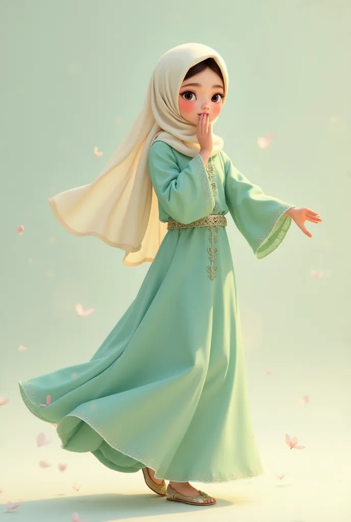 Create an image of a cute little muslim  wearing pastel green abaya and dances, cover her face with her hand.