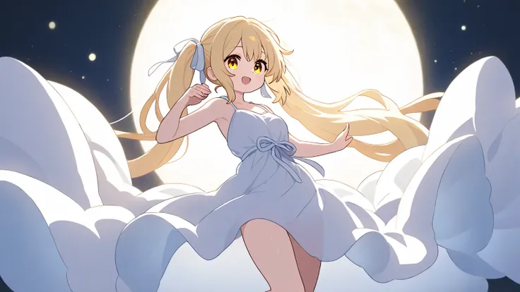 An 18-year-old girl with a long black color twintail hairstyle. She has golden eyes, wearing a white summer dress, and a skyblue ribbon around her left thighs, very high resolution, highest quality, dancing, levitating, moonlight, starlight, white backgrou...