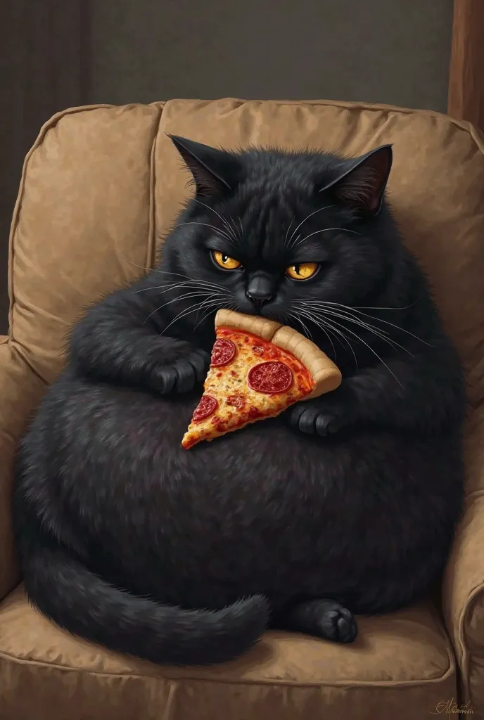 Create a black fat sad cat that sit on the Couch and eating pizza