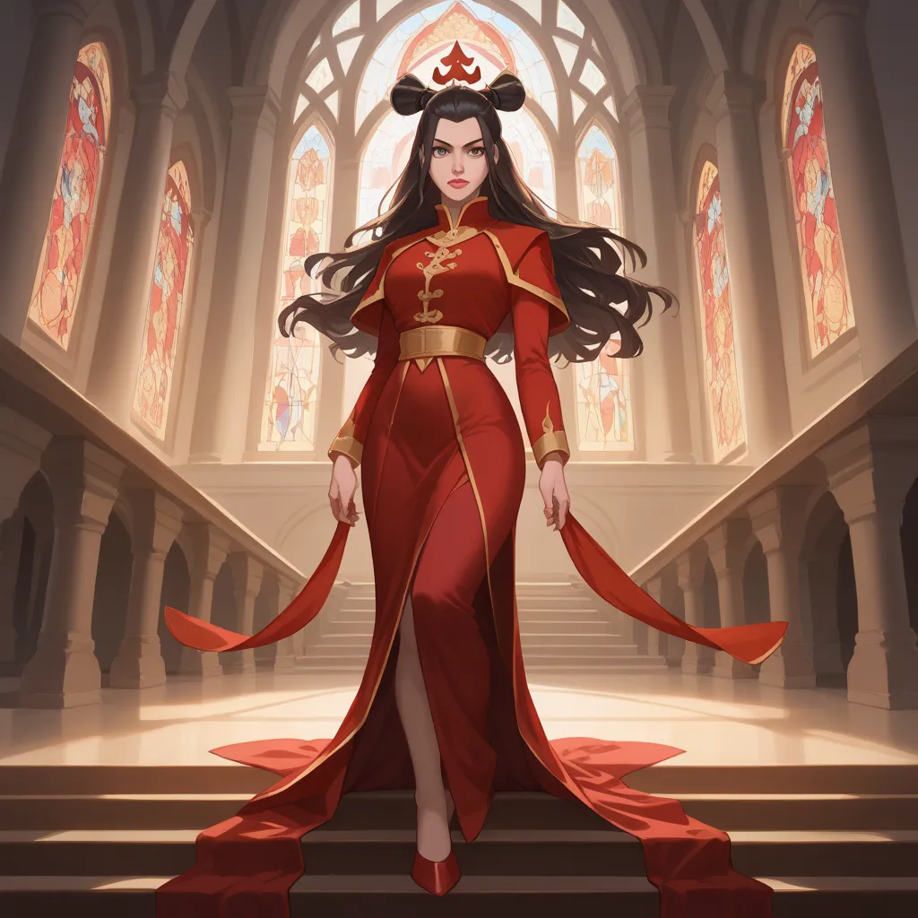 a extremely detailed display of Princess Azula, full_body display, seductive, sexy pose, intricate facial features, piercing gaze, alluring expression, graceful posture, flowing hair, high quality, photorealistic, 8K, studio lighting, professional, vivid c...