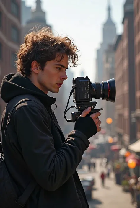 Brown guy, curly hair, with black clothes name "Keveen", il est un videaste filmer spider-man