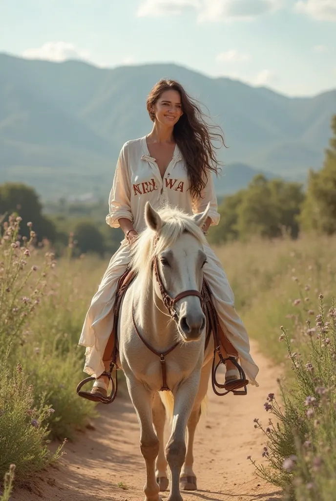 Imagine une femme nommée Najwa, vêtue d'une robe légère et confortable, montant un âne dans la campagne. Le nom "Najwa" est inscrit joliment sur sa tenue, en lettres simples mais élégantes. Elle avance avec un sourire serein, son regard paisible, tandis qu...