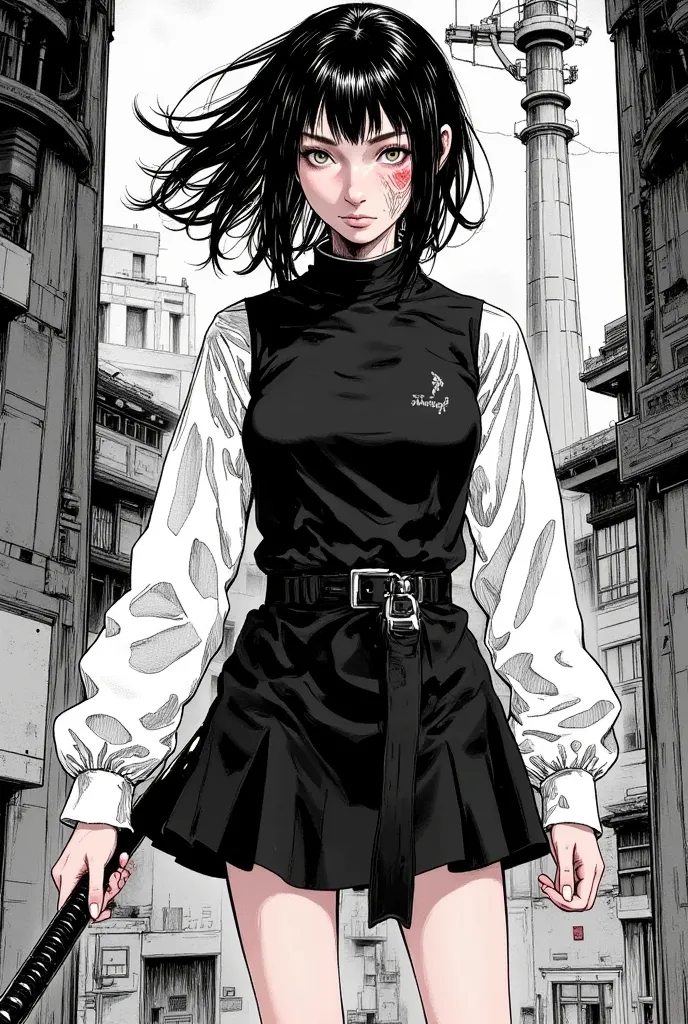 A girl she's standing,(  straight black short hair) ( has a scar on his face) I'm wearing a black mini dress with white sleeves ,(black belt) (Black clog ) She has a katana ,( Black and white manga art)