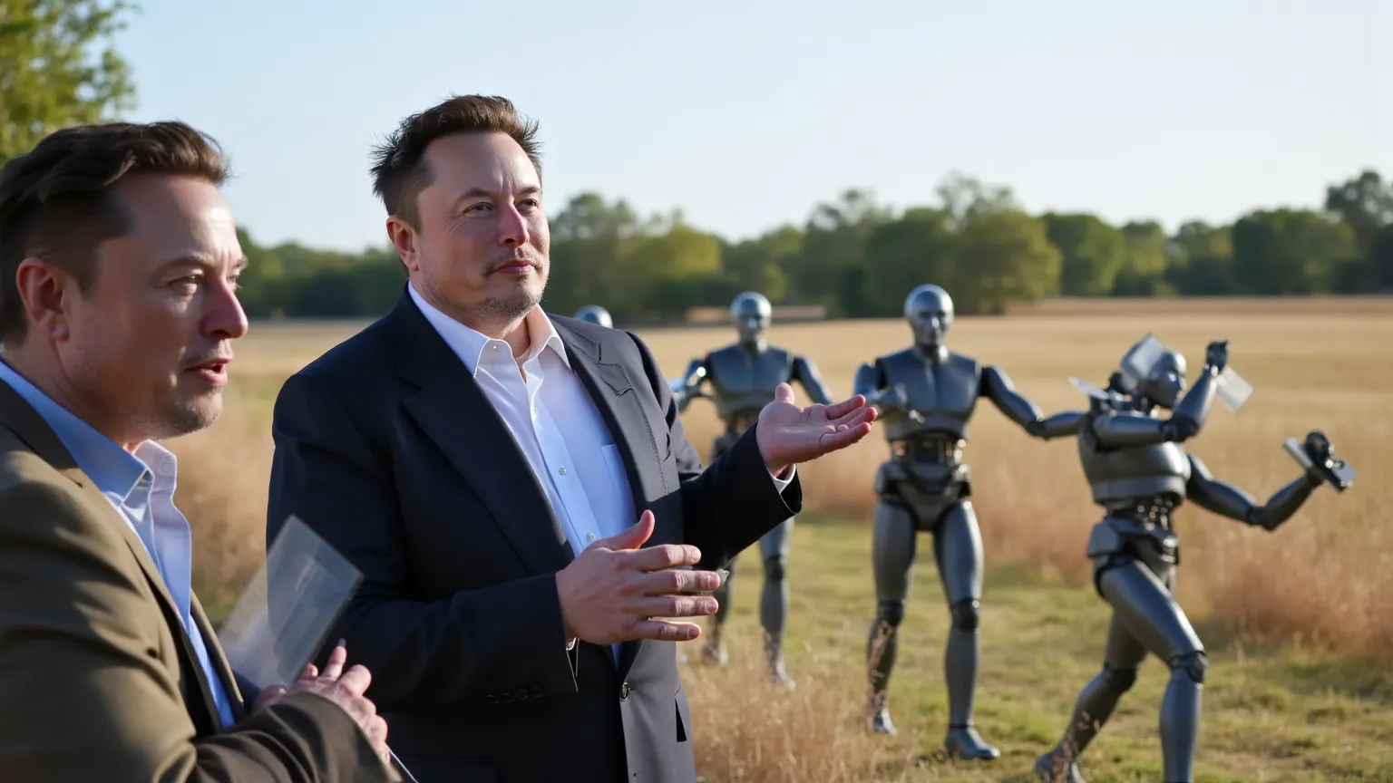 ultra realism. 4K. Better quality. Billionaire Elon Musk,  in a business suit are standing nearby, stands on his ranch. Clear sunny day. On the sides of Elon Musk His Tesla robots. Elon Musk Up Close was approached by Mexican bikers yelling at him and wavi...