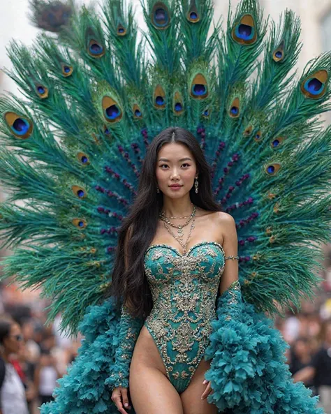 Standing from an allegorical car in the colorful peacock theme, carnival parade, Korean woman, long long black hair, Dressed in an extravagant outfit inspired by peacock feathers, The outfit consists of a swimsuit detailed with embroideries and rhinestones...