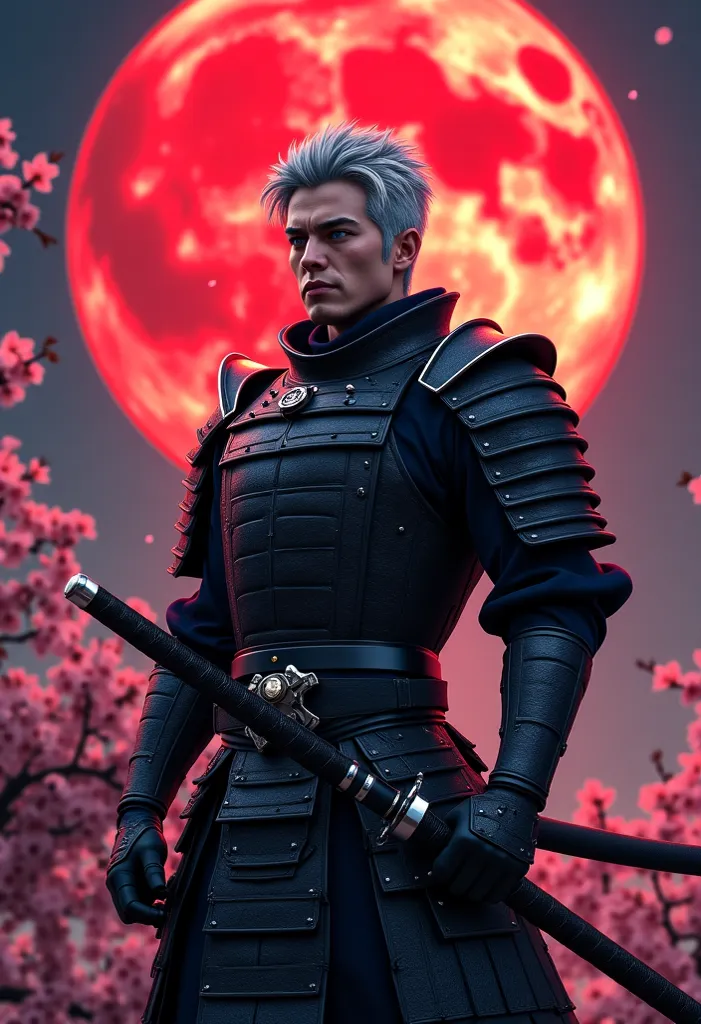 Jet Black Thick Armor，Young Samurai，Red Full Moon in the Background of a Colossal Castle，Big Night Cherry Blossoms， blazing cherry blossom blizzard，Gray Hair，Accumulated Beard，Aquiline Nose， blue eyes，20th Generation， Japanese sword，The Sixth Heaven Demon ...