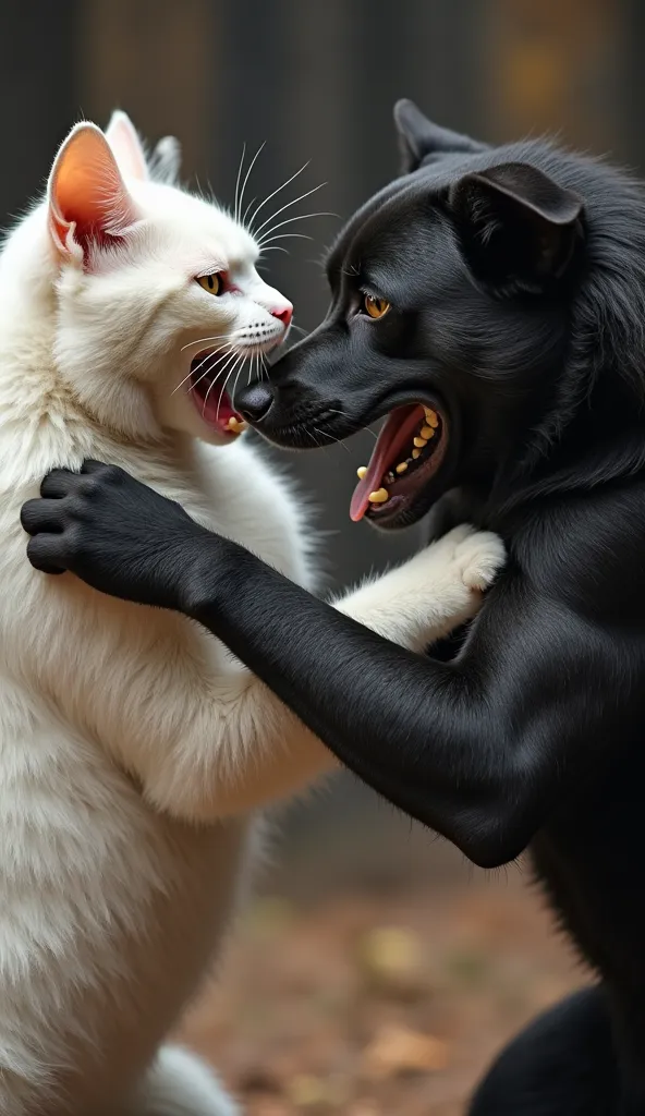 Brutal Middle Rounds: The fight intensifies—both the muscular white cat and black dog exchange heavy blows. The cat’s white fur is slightly ruffled, and the dog’s black fur glistens with sweat. Their eyes burn with determination as they refuse to back down...