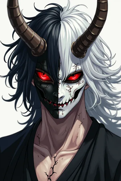 A male anime warrior in a Vasto Lorde form, heavily inspired by the Bleach anime style. He has medium-length, wild black-and-white hair, with one side dark and the other light, and his face is partially covered by a bone-like hollow mask featuring two larg...