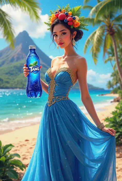 A realistic woman inspired by Miss Chiquita, wearing a flowing blue dress with gold accents and a vibrant fruit-filled headdress. She stands elegantly in an inviting pose, holding a transparent light blue bottle filled with dark blue liquid resembling blue...