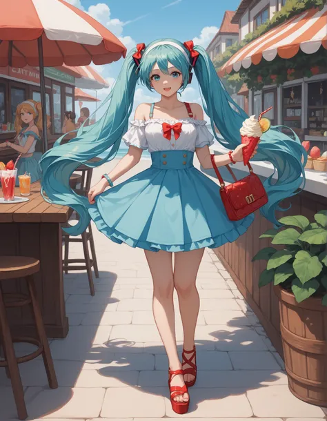Hatsune Miku, A detailed anime-style illustration of a cheerful girl with long, flowing turquoise twin-tails, dressed in a summer-inspired outfit. She wears a ruffled off-shoulder white top with suspenders, a short wavy blue skirt, and stylish blue wedge s...