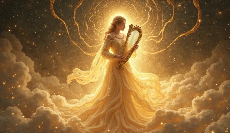 (An exciting image...) Saint Cecília playing a heavenly harp, creating waves of golden energy that vibrate across the universe.