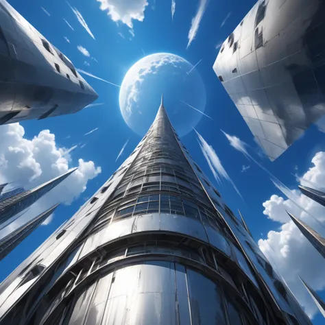 "Create a surreal photograph taken from a low angle, looking upward toward a tall, metallic, futuristic structure that tapers into the sky like a sharp spire. The base of the structure has a large, circular indentation, resembling a crater with rough textu...