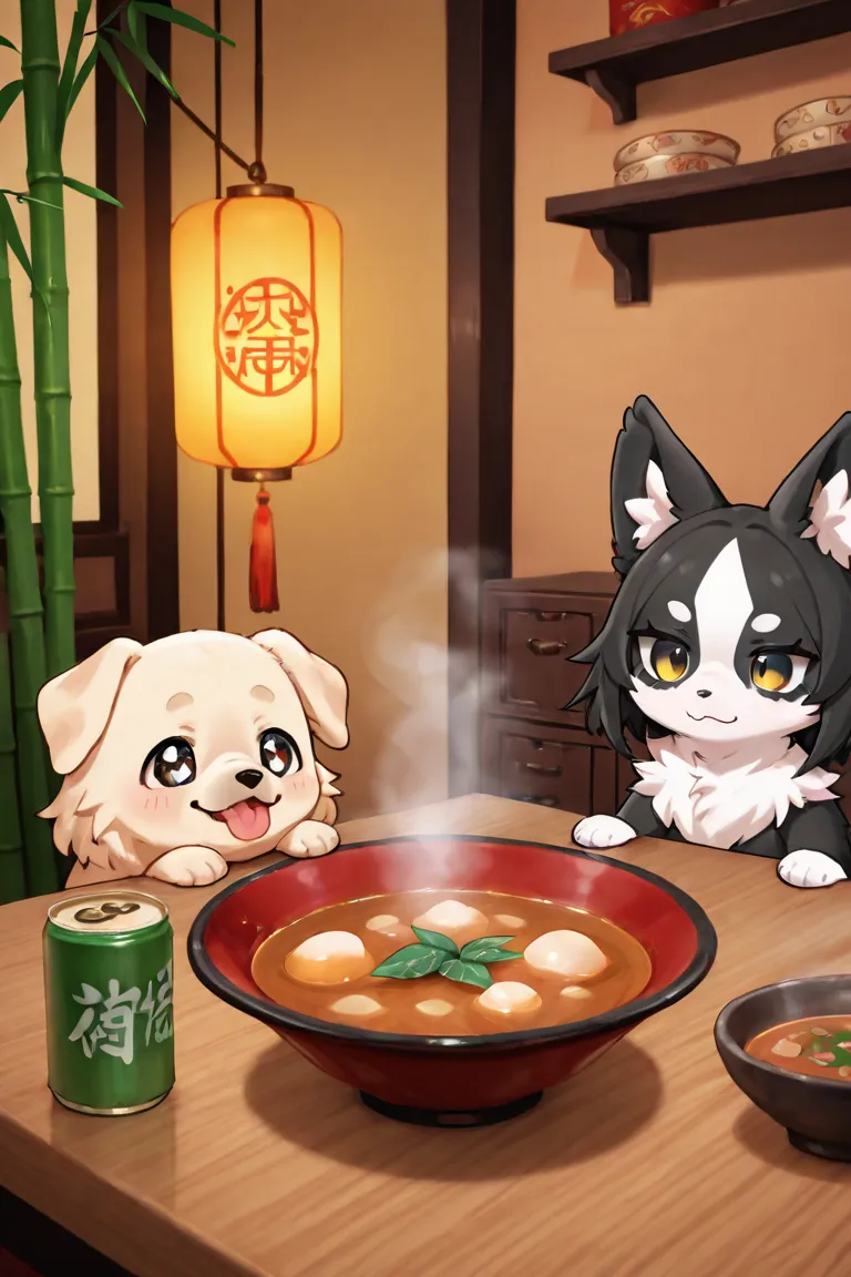 A cozy scene inside a traditional Chinese restaurant at night, lit by soft red lanterns. In the center, a cute little dog with black and white fur and honey-colored eyes sits at a wooden table, enjoying a hot bowl of soup in a ceramic bowl. Steam rises fro...