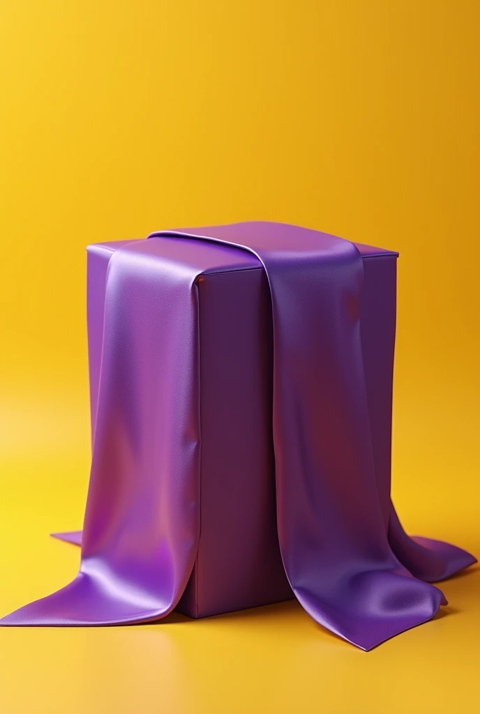 Box approximately 50 cm high x 30 cm deep x 50 cm wide , with a purple satin fabric covering them in their entirety, Revelation , flat yellow background with a background flash