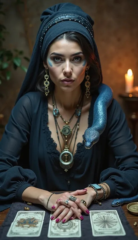 The image shows a woman with a mystical appearance, dressed in clothes and accessories that resemble a tarot reading. She wears a veil or turban on her head, a necklace with pendants and large circular earrings. His look is intense, with very prominent eye...