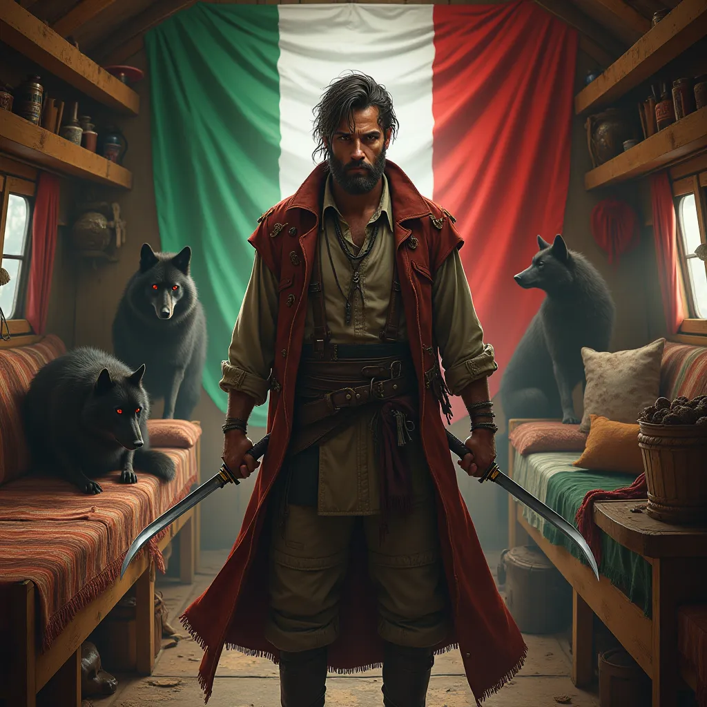 A man in the middle of a gypsy trailer with two katanas in the back and a black wolf with red eyes accompanying him and a hedgehog in the background the Italian flag in the background