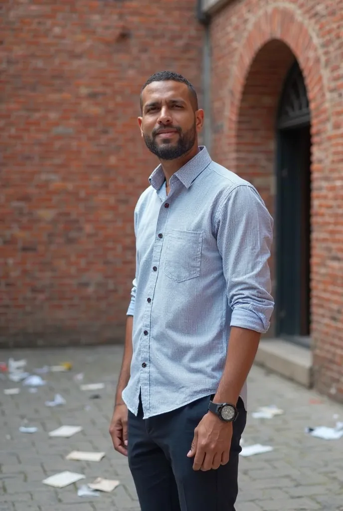 Man (ethnicity:1.2), (age:30-40), wearing a light blue checked shirt (detailed clothing:1.2), dark pants, and (accessories:1.1) bracelet, standing in a courtyard, (pose:1.2) slightly turned away from the camera, (facial features:1.3) with a neutral express...