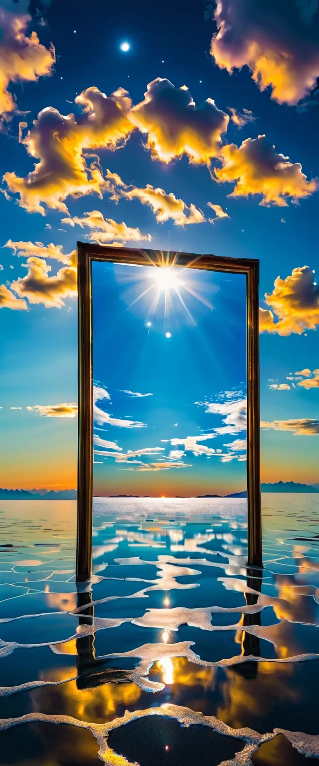  sky reflection in mirror surface ,Reflection,symmetry,Uyuni,moonlight, Beautiful Sky Unfolds ,dreamlike,,cloud,,Ocean Blue ,wonderful景色が広がります,,Highestの時間をあなたに,Highest品質,photography,  Structure Correct  ,Perfect composition,広告用に撮影されたphotography,Beautiful l...