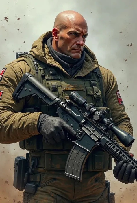 Aqui está um prompt detalhado em inglês para gerar a imagem que você deseja:

"A tall and powerful bald man with a strong, imposing build. He is an elite military sniper, wearing a tactical combat outfit with a camouflage pattern, reinforced gloves, and a ...