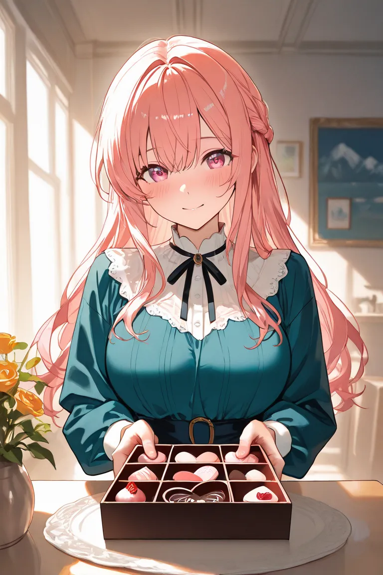 High quality texture, solo,one girl,Older sister, cute,  clear,big enough chest,random hairstyles, random hair color ,Valentine's Day, chocolate, random expression, Random Location ,Confession