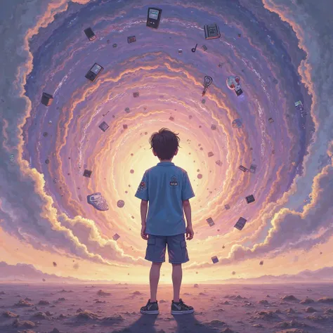 
The boy stands in an open, empty space, his back to the viewer, wearing his usual blue shirt and shorts. There’s no boundary to the place, it stretches endlessly, adding to the feeling of being lost or trapped in an undefined realm. The open space feels v...