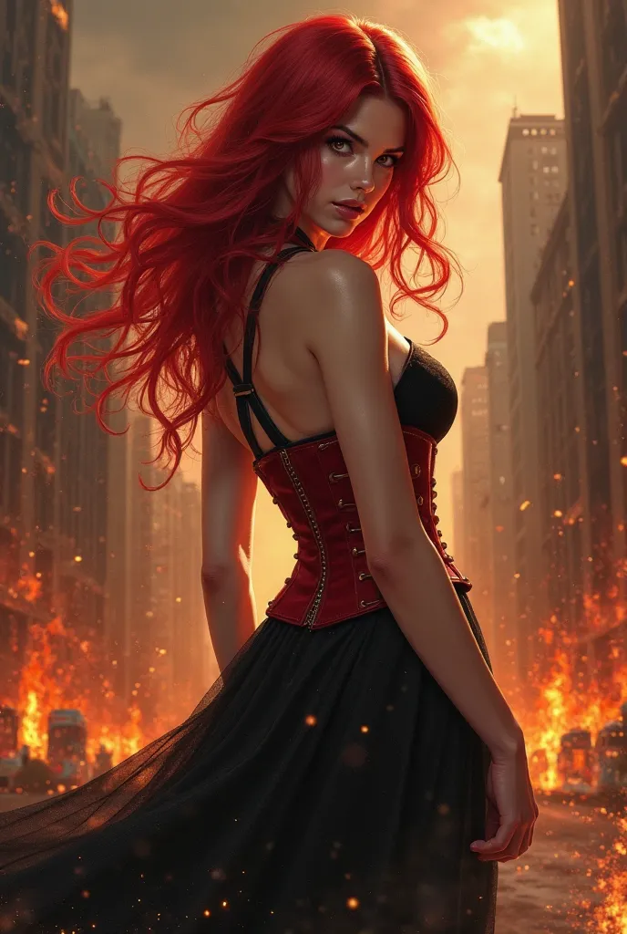 Prompt:
"A red-haired woman with Sharingan eyes,  in realistic style.  She wears an elegant black dress , with a red leather corset over her top,  highlighting your silhouette. Her intense gaze reflects power and mystery as she finds herself in the middle ...