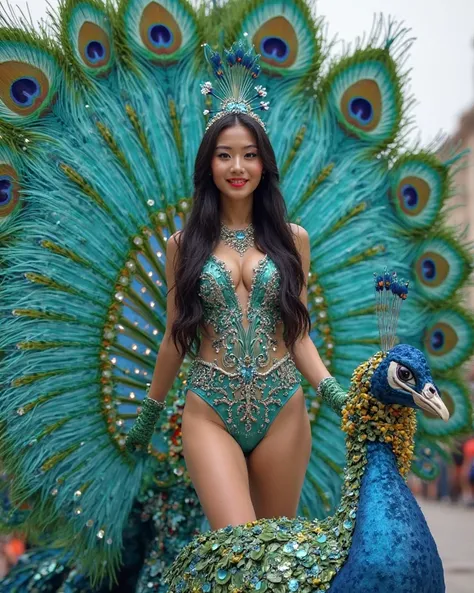 Standing from an allegorical car in the colorful peacock theme, carnival parade, Korean woman, long long black hair, Dressed in an extravagant outfit inspired by peacock feathers, The outfit consists of a swimsuit detailed with embroideries and rhinestones...