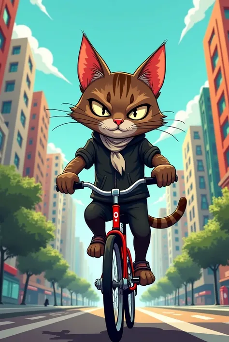 cartoon of Killer cat with a handkerchief riding a bicycle with a city in the background