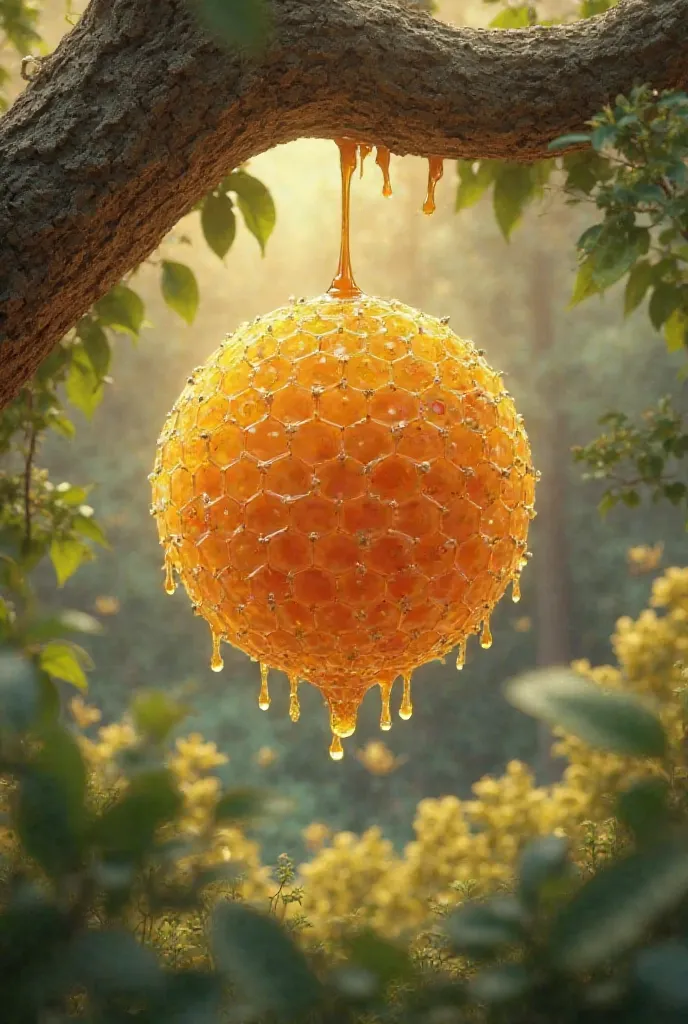 A large honeycomb hangs on a tree branch, on which drops of honey are dripping.
