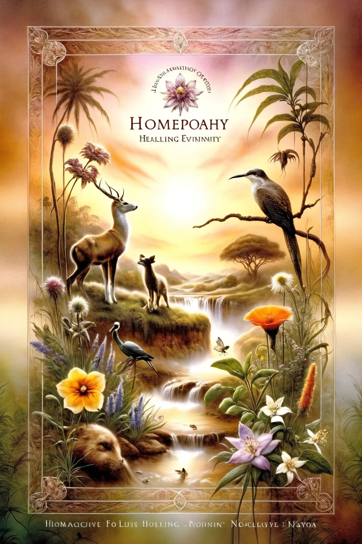 create homeopathy book cover, healing, remedy,detalised, animals , flowers, luis royo style beautiful