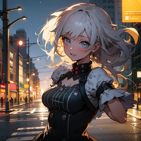 (best quality,cute girl), [Upper body, Happy, Despair], (dress, Punk fashion), Gotham City, Street, Night, Light Trails, [American comics]