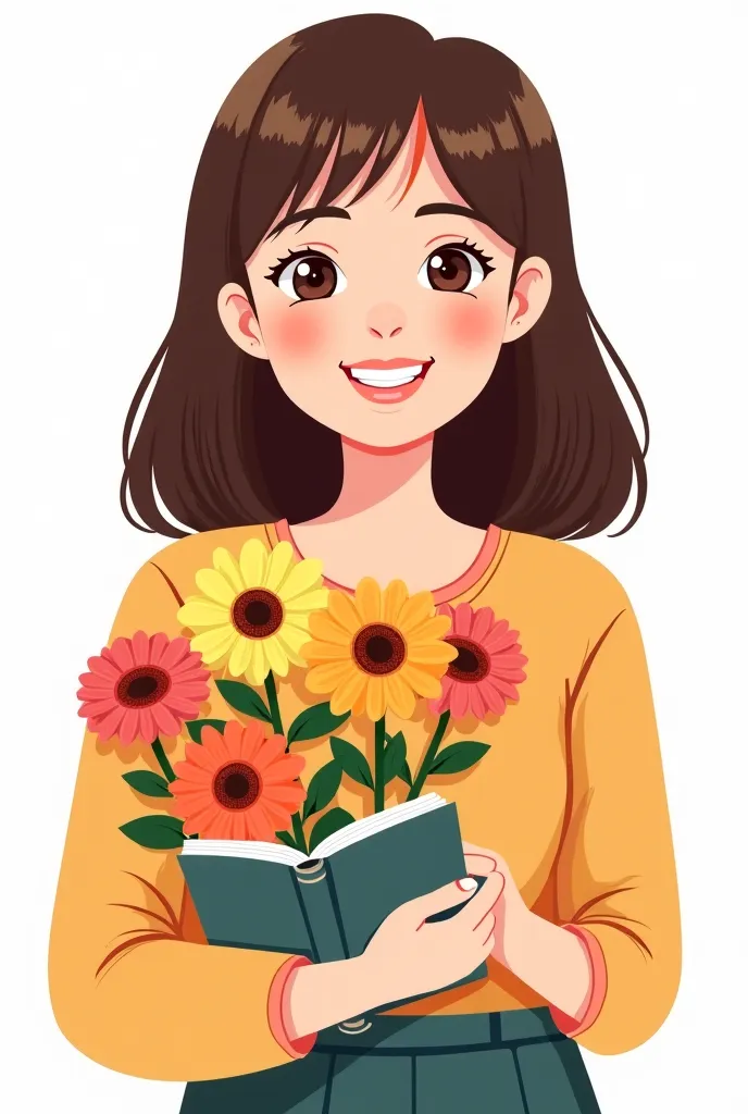 Cartoon smiling 30-year-old girl with straight brown hair up to her shoulders,  brown eyes, In one hand some colorful gerberas in the other hand a book