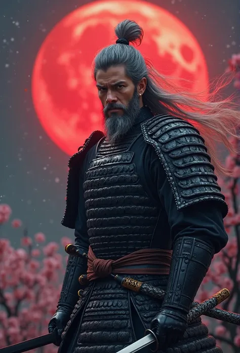 Thick Black Armor，Young Samurai，Red Full Moon in the Background of a Colossal Castle，Big Night Cherry Blossoms，Cherry blossom blizzard in the dark night，Gray Hair，Accumulated Beard，Aquiline Nose， blue eyes，20th Generation， Japanese sword，The Sixth Heaven D...