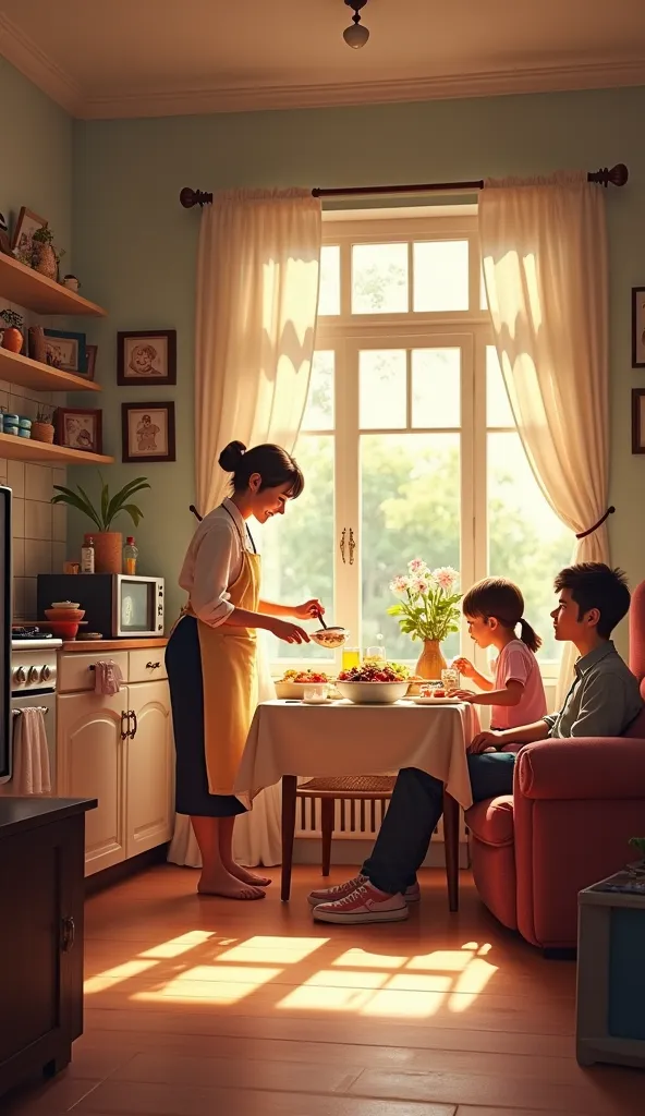 A housewife cooking,dad watching movie while their rens eating at table in a beautiful house.